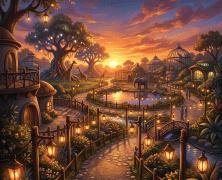 Sunset zoo with giraffes, elephant, lantern-lit paths, and glowing trees