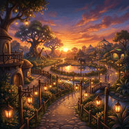 Sunset zoo with giraffes, elephant, lantern-lit paths, and glowing trees